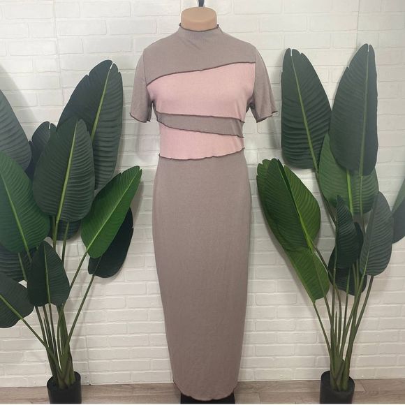 Bump Biddy Plus size maternity karla color block bodycon brown pink maxi dress - Picture 3 of 9